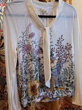 Floral Tie-Neck Long Sleeve Top, S, Soft And Button At Bottom Of Sleeve